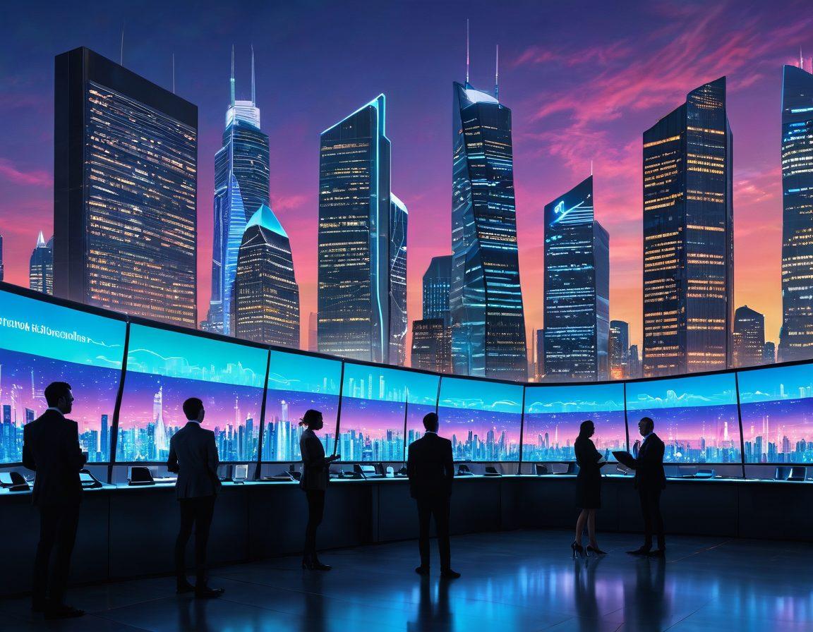 A futuristic city skyline representing a blend of technology and insurance, featuring digital screens displaying statistics and risk analytics. In the foreground, diverse people engaging with digital devices showcasing insurance services. The ambiance should convey a sense of innovation, security, and smart decision-making. This scene should be vibrant with neon lights and a clear blue sky. super-realistic. vibrant colors. 3D.