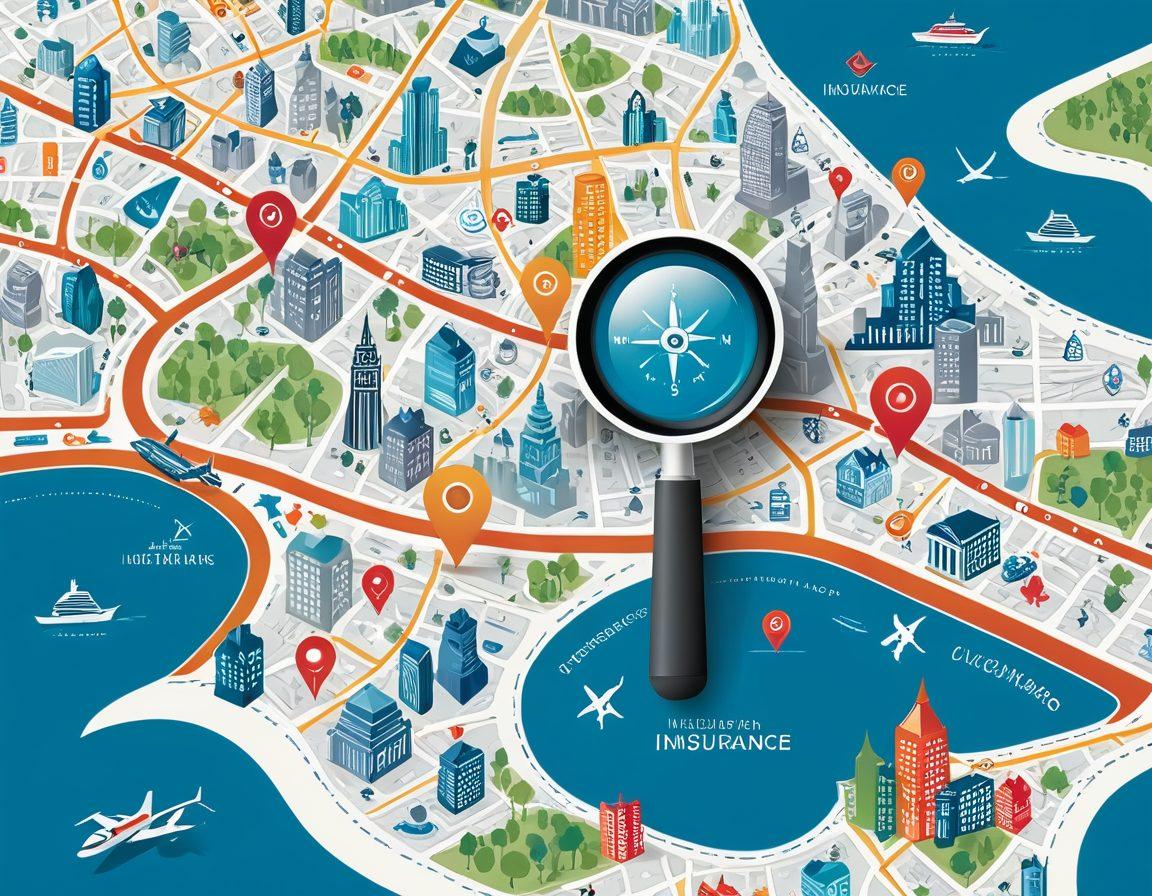 An illustrated navigation map showcasing various premium insurance plans represented as colorful, labeled destinations. Include symbols like a magnifying glass for searching benefits, a compass for guidance, and icons of health and financial security. The background features an abstract representation of a city skyline, symbolizing the journey to maximizing benefits. Use vibrant colors and clear labels for emphasis. vector art. vibrant colors.