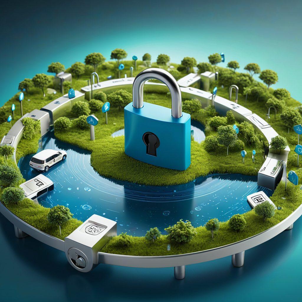 A futuristic digital landscape showcasing diverse insurance coverage options as colorful icons floating in the air, symbolizing various premium plans, with a prominent unlocked padlock in the center representing security and trust. Bright blue and green tones to evoke a sense of innovation and reliability. super-realistic. vibrant colors. 3D.